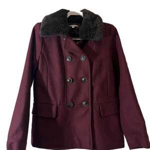 Gap Jacket Womens Size S Double Breasted Wool Blend Faux Fur Trim Neck Maroon
